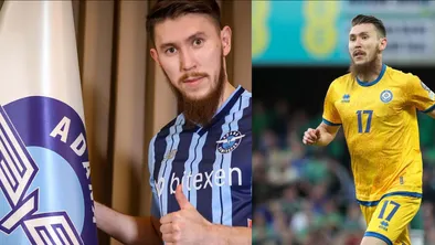 Абат Аймбетов на поле и на фоне флага клуба «Адана Демирспор»