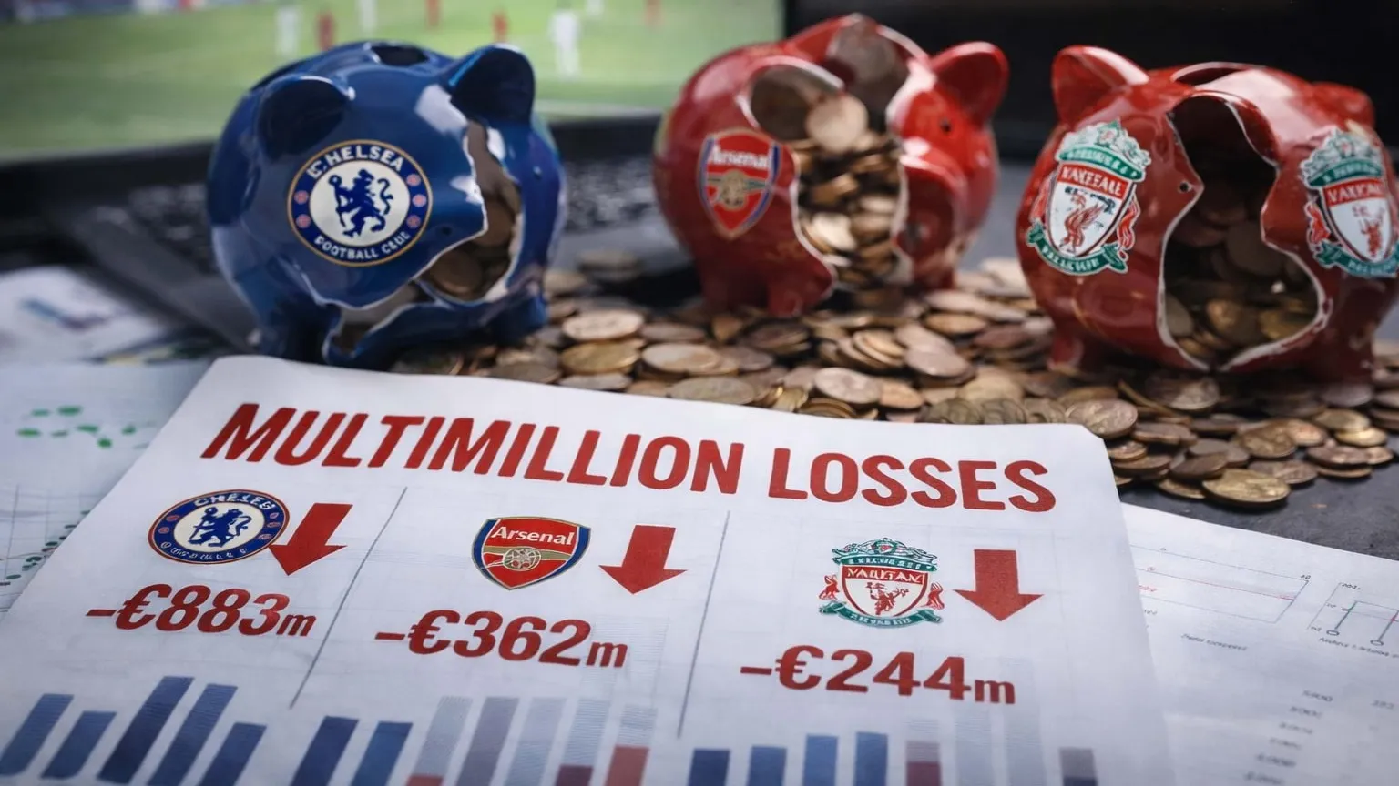 Иллюстрация убытков футбольных клубов на трансферном рынке: символические разбитые копилки и экран с футбольным матчем фото на sportnews.kz от 11 февраля 2026 15:54