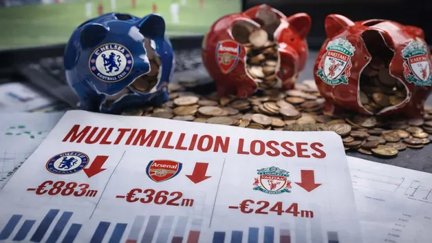 Иллюстрация убытков футбольных клубов на трансферном рынке: символические разбитые копилки и экран с футбольным матчем