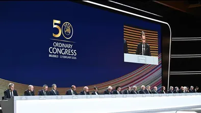 делегаты 50-го Конгресса УЕФА в Брюсселе 12 февраля 2026 года