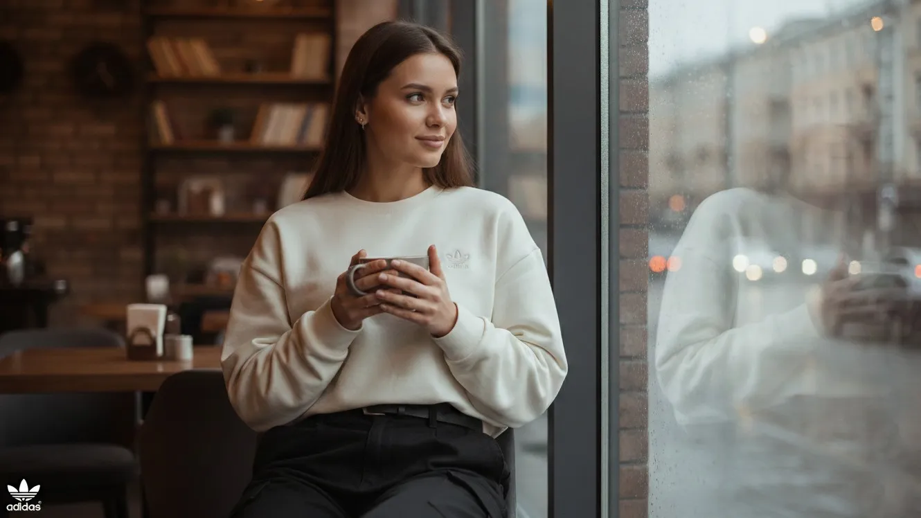 Девушка с кофе сидит возле окна и смотрит на улицу в свитшоте бежевом фото на sportnews.kz от 15 февраля 2026 14:15