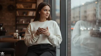 Девушка с кофе сидит возле окна и смотрит на улицу в свитшоте бежевом