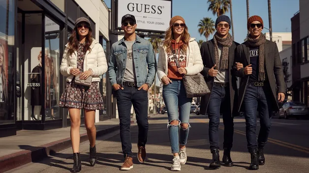 5 молодых людей идут по улице рядом с вывеской бренда GUESS