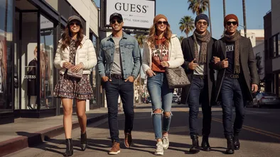 5 молодых людей идут по улице рядом с вывеской бренда GUESS