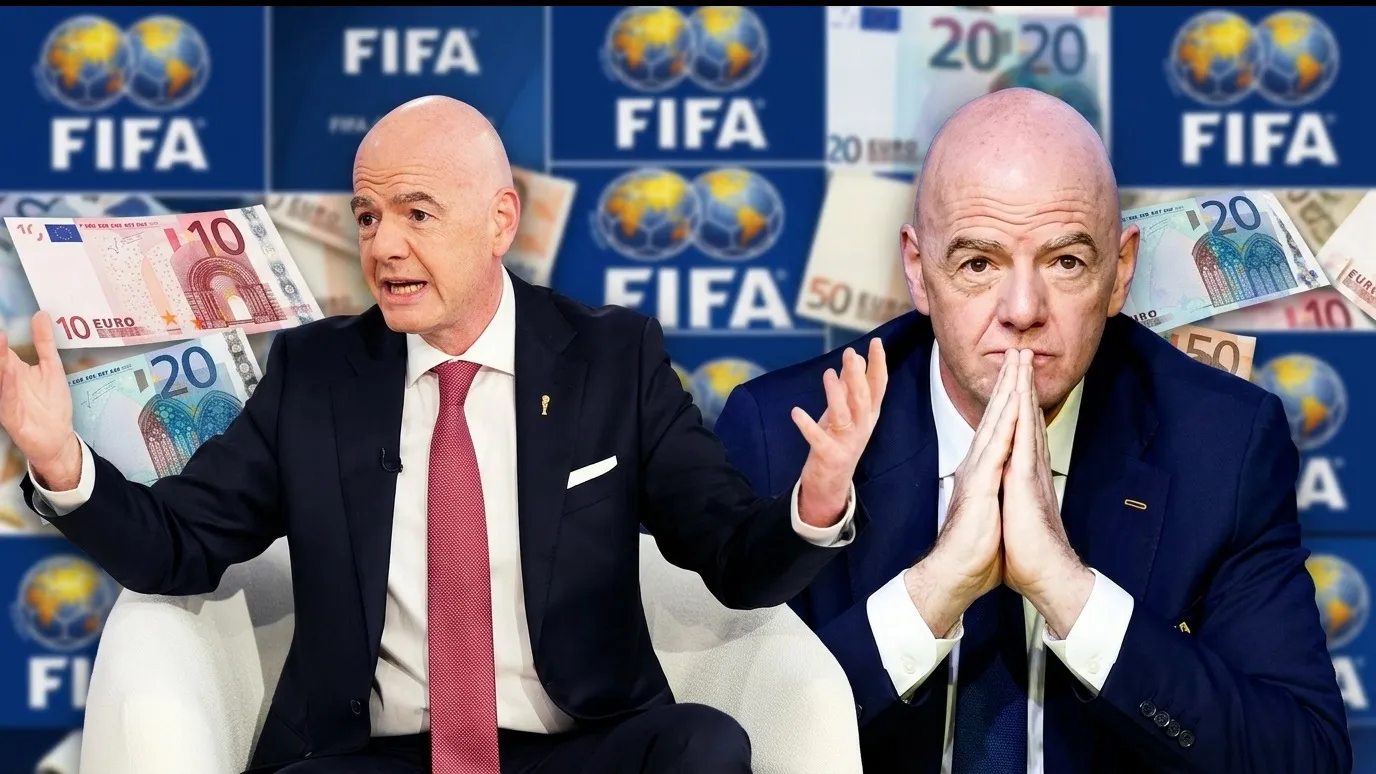 Джанни Инфантино на фоне логотипов FIFA и купюр евро — коллаж из двух кадров фото на sportnews.kz от 06 августа 2026 08:40