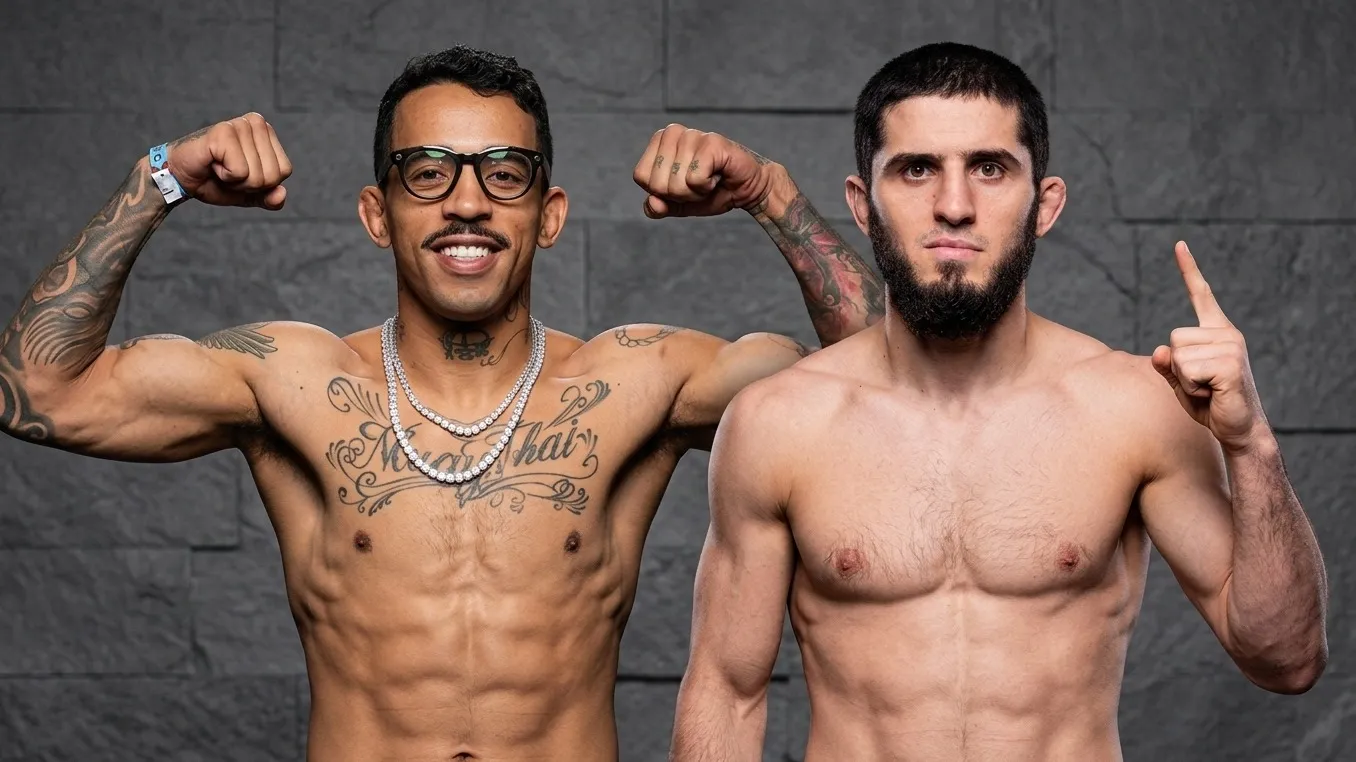 Коллаж из двух фотографий: слева Карлос Прейтс с чемпионским поясом UFC, справа Ислам Махачев