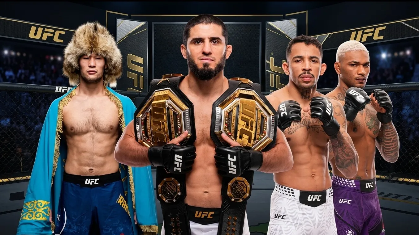 Коллаж из четырех портретов бойцов UFC: Ислам Махачев с чемпионским поясом на плече, Шавкат Рахмонов, Карлос Пратес и Майкл Моралес