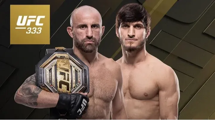 Анонс UFC 333, где пройде бой за титул чемпиона UFC в полулёгком весе между Александром Волкановски (чемпион) и Мовсаром Евлоевым (претендент).
